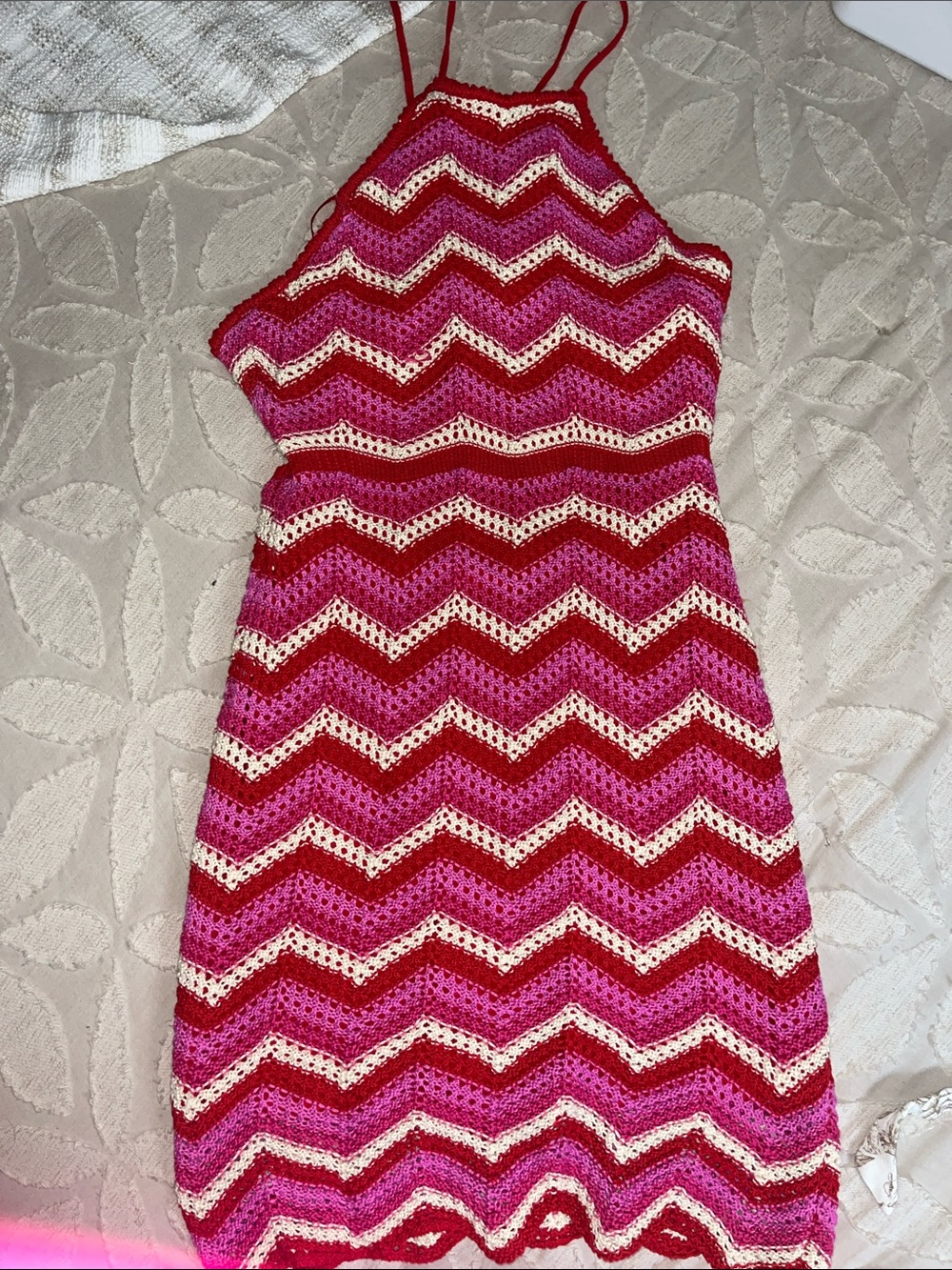Lush Pink, Red & Cream Crochet Mini Dress
